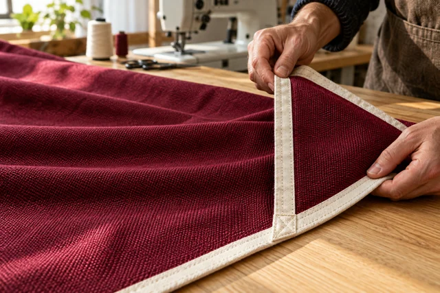 Burgundy woven flag cloth with a reinforced edge on a cutting table