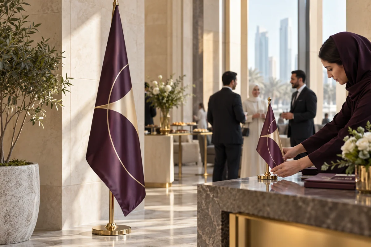 Plum and gold floor and desk flags at a stone-finished conference reception