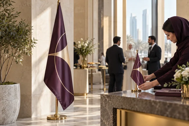 Plum and gold floor and desk flags at a stone-finished conference reception