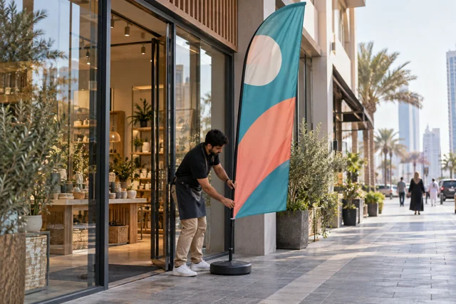 Turquoise and coral feather flag outside a shop entrance with a staff member nearby