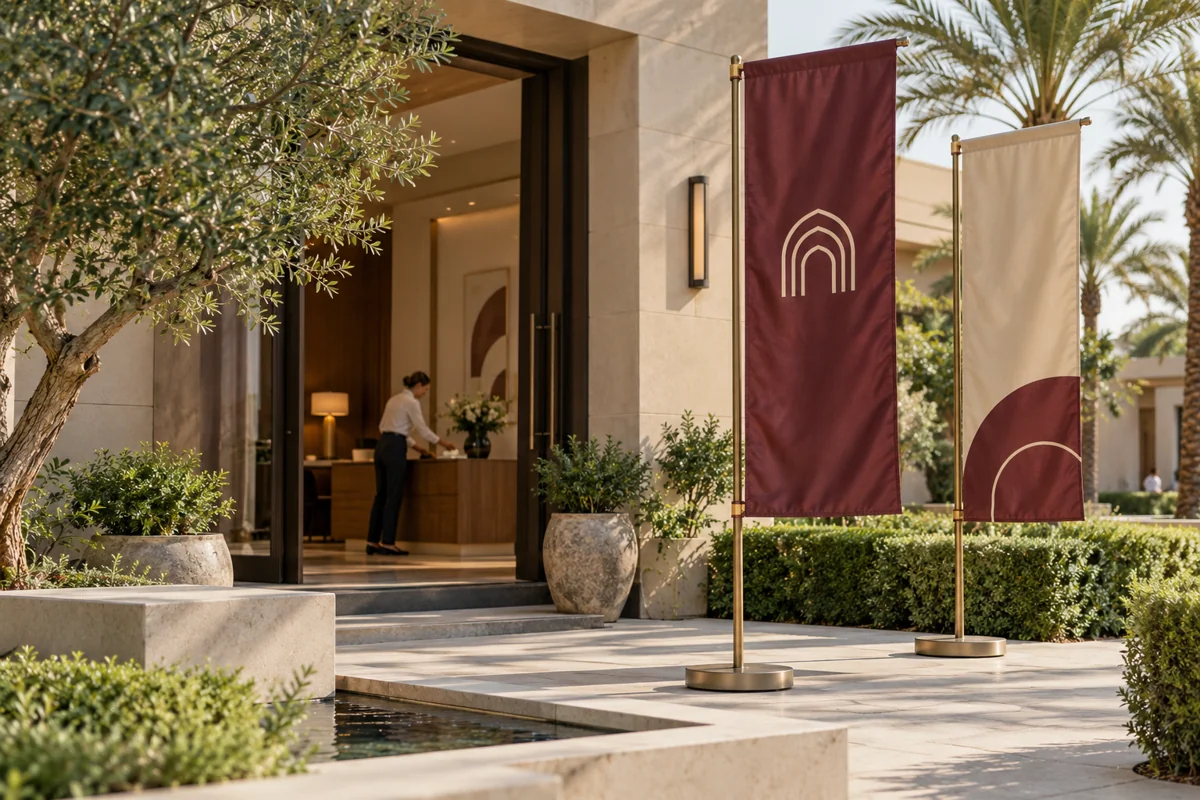 Burgundy custom identity flags beside a palm-lined courtyard entrance