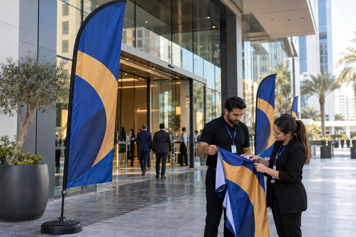 Blue and ochre promotional flags beside a glass business entrance, with staff checking printed fabric