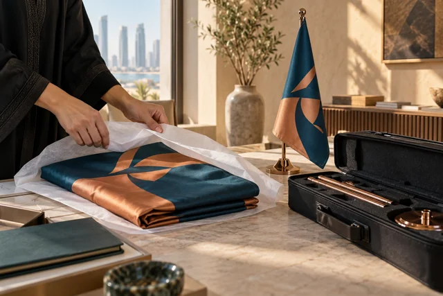 Copper and blue folded company flag beside a desk stand and protective case
