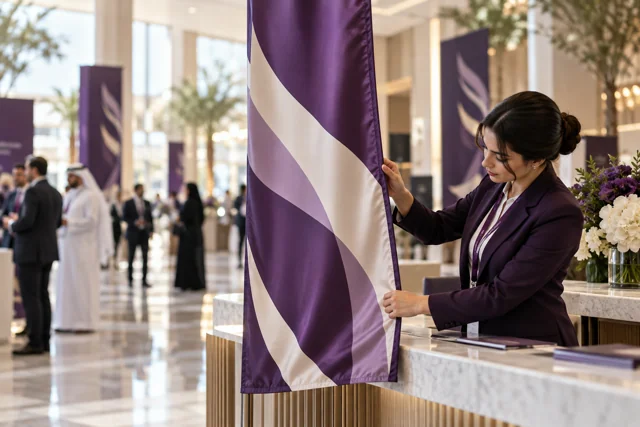 Violet and ivory conference flag being straightened at a welcome desk
