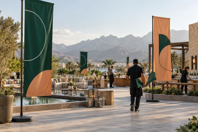 Green and apricot company flags in a landscaped courtyard with mountains beyond