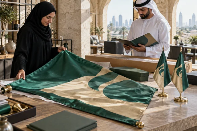 Hands reviewing emerald corporate flag fabric with a matching desk display