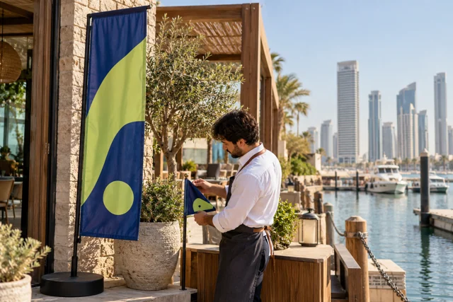 Indigo and lime promotional flag beside a person checking a printed pennant
